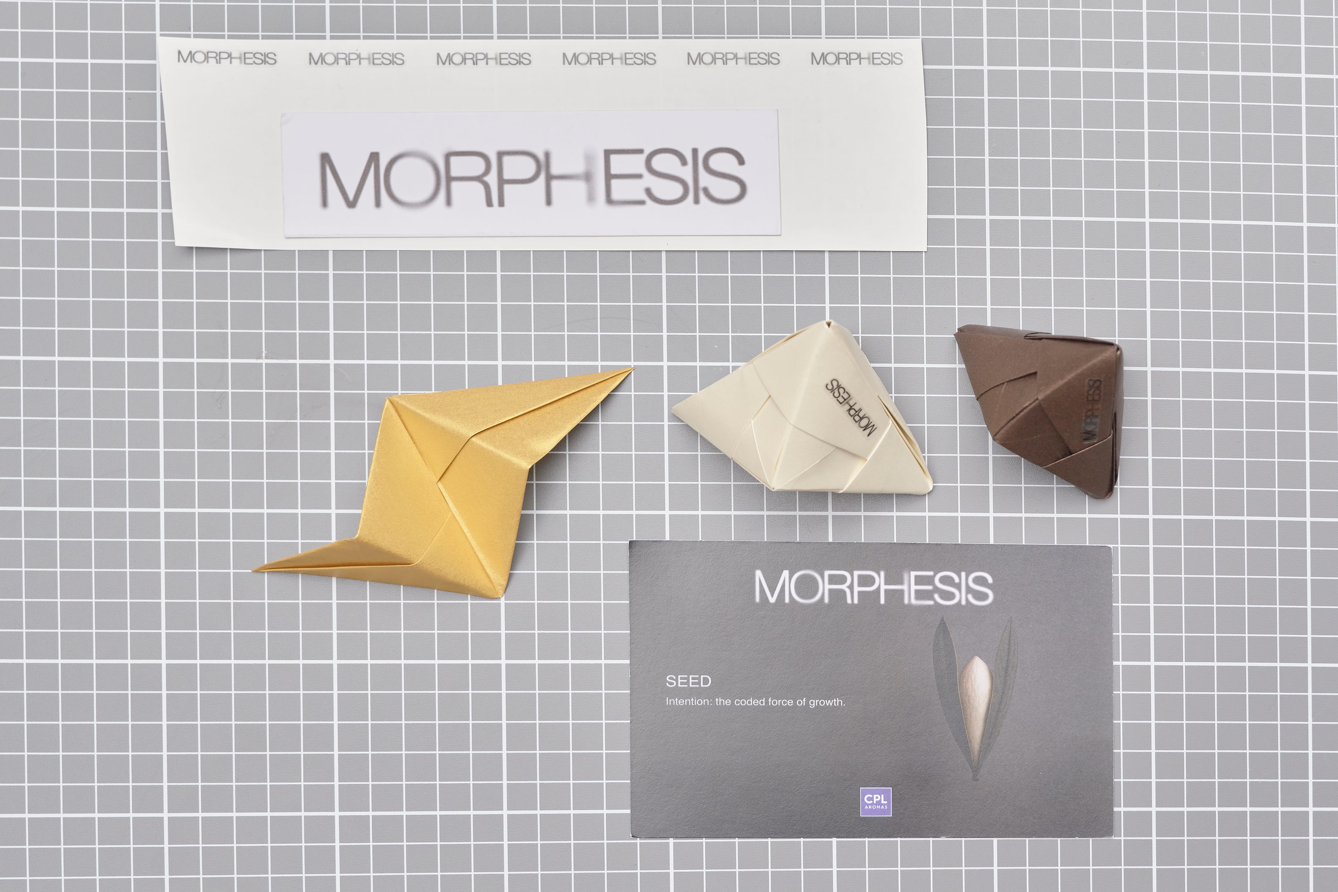 Composición de piezas de papel plegado en tonos dorado, blanco y marrón junto a material impreso sobre una mesa de corte, trabajo de Cartoncita