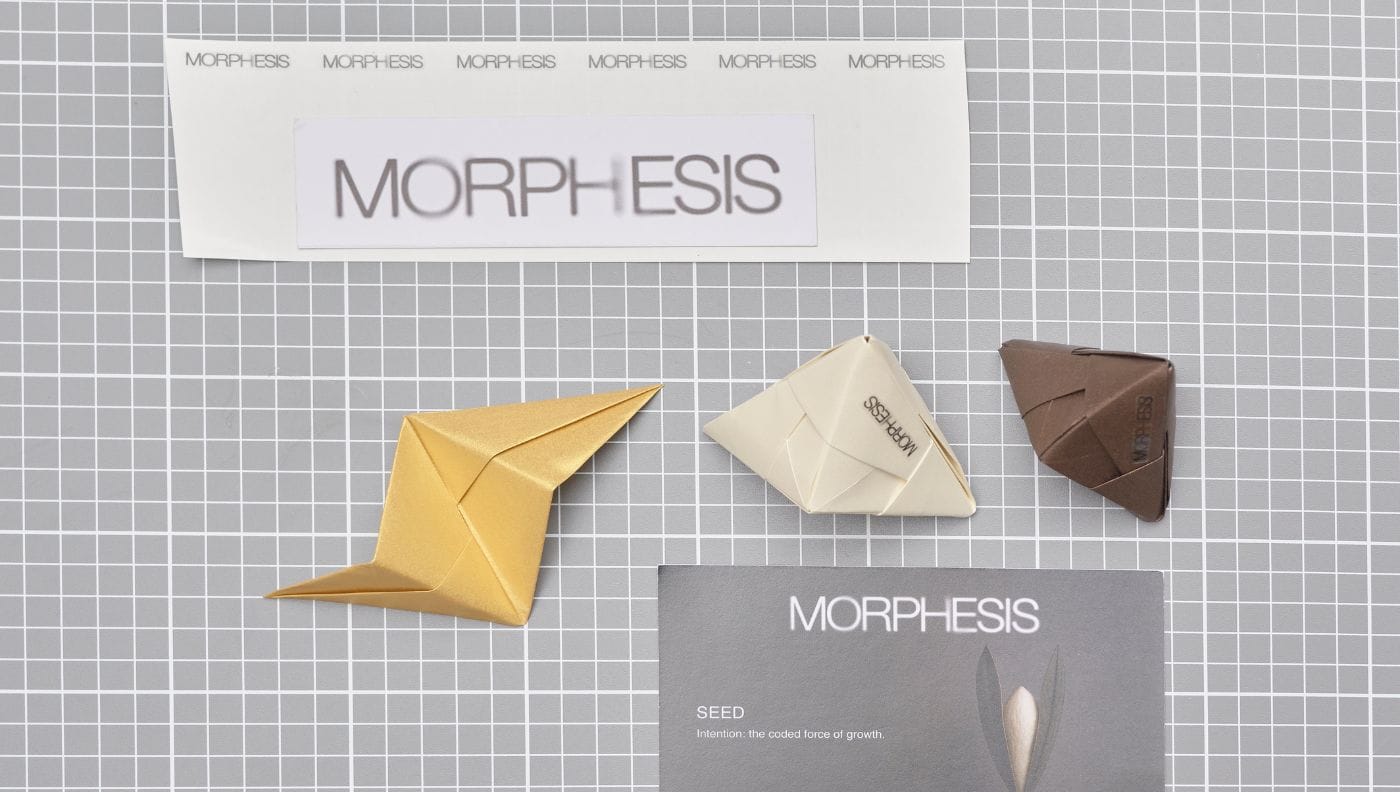 Composición de piezas de papel plegado en tonos dorado, blanco y marrón junto a material impreso sobre una mesa de corte, trabajo de Cartoncita