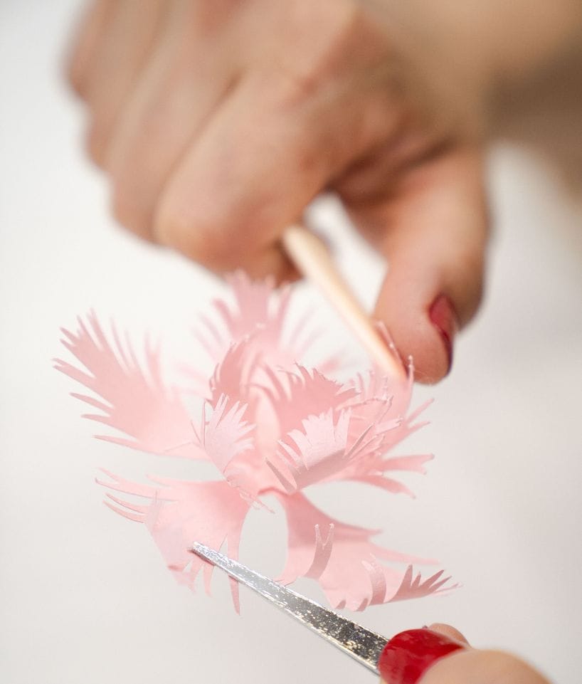 Manos sosteniendo y ajustando una flor de papel rosa con herramientas durante el proceso de creación, trabajo de Cartoncita