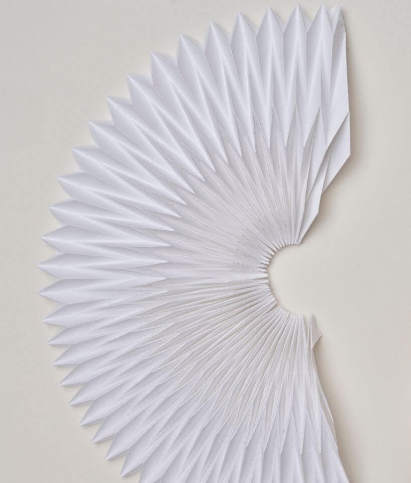 Estructura curva de papel blanco plegado en forma de abanico sobre superficie clara, creación de Cartoncita
